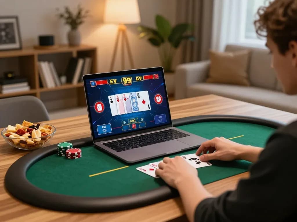 Playing EV 99 poker online with engaging visuals and cozy home setup