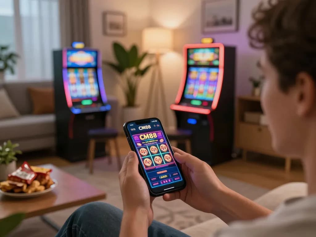 Play on CM88 casino app from a cozy home setting with a smartphone, showcasing fun gaming experience.