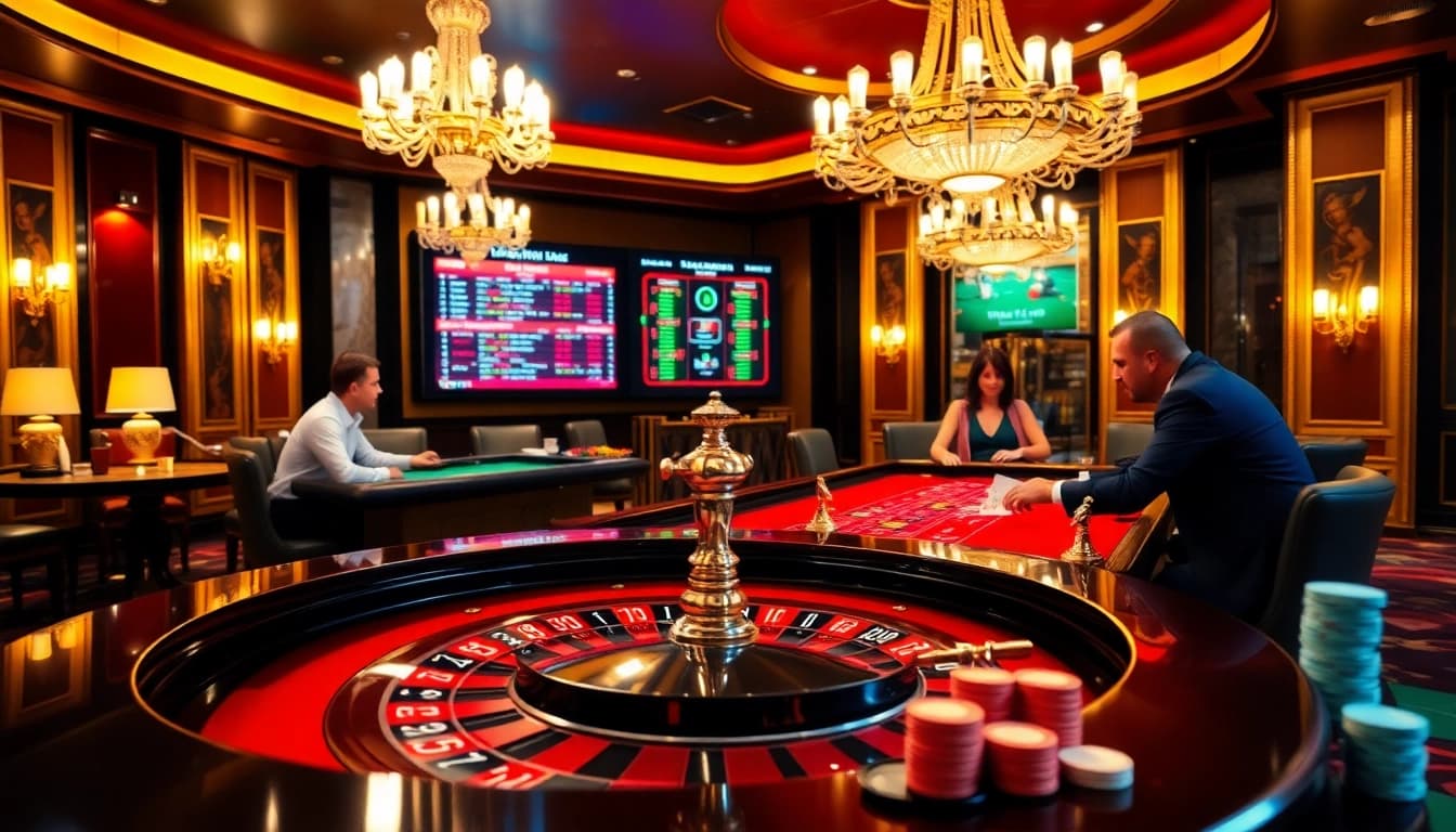 Players enjoying a high-stakes poker game at a luxurious casino that features https://s8ok.com/ betting options.