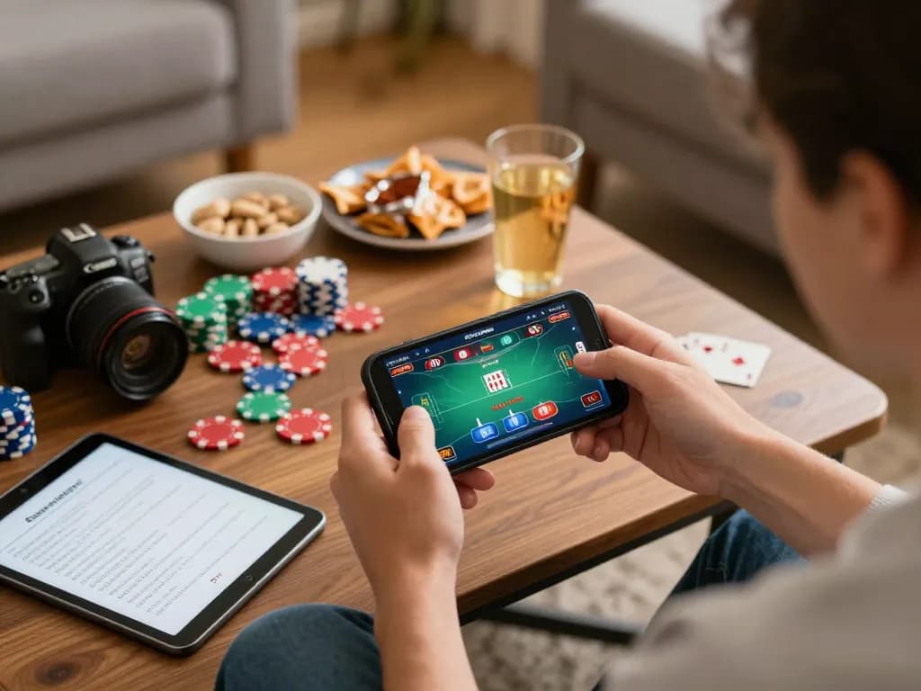 Player enjoying online poker on sunwinapk app in a cozy living room with snacks.