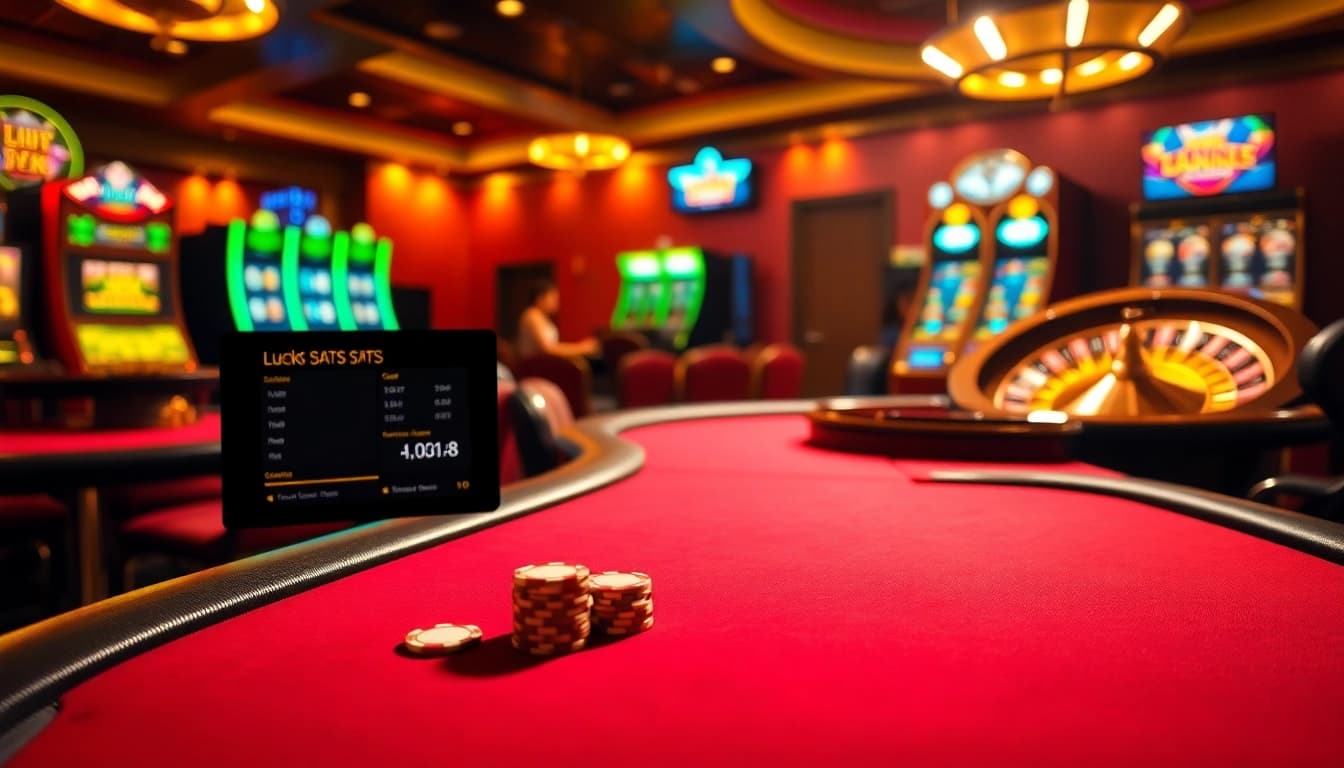Engaging scene with luck8 gaming elements like poker and roulette in a vibrant casino.