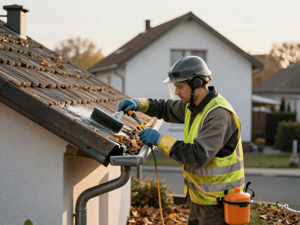 Dachrinnenreinigung Firma Dortmund - Professioneller Techniker reinigt Dachrinnen in Dortmund, um Ablagerungen zu entfernen.