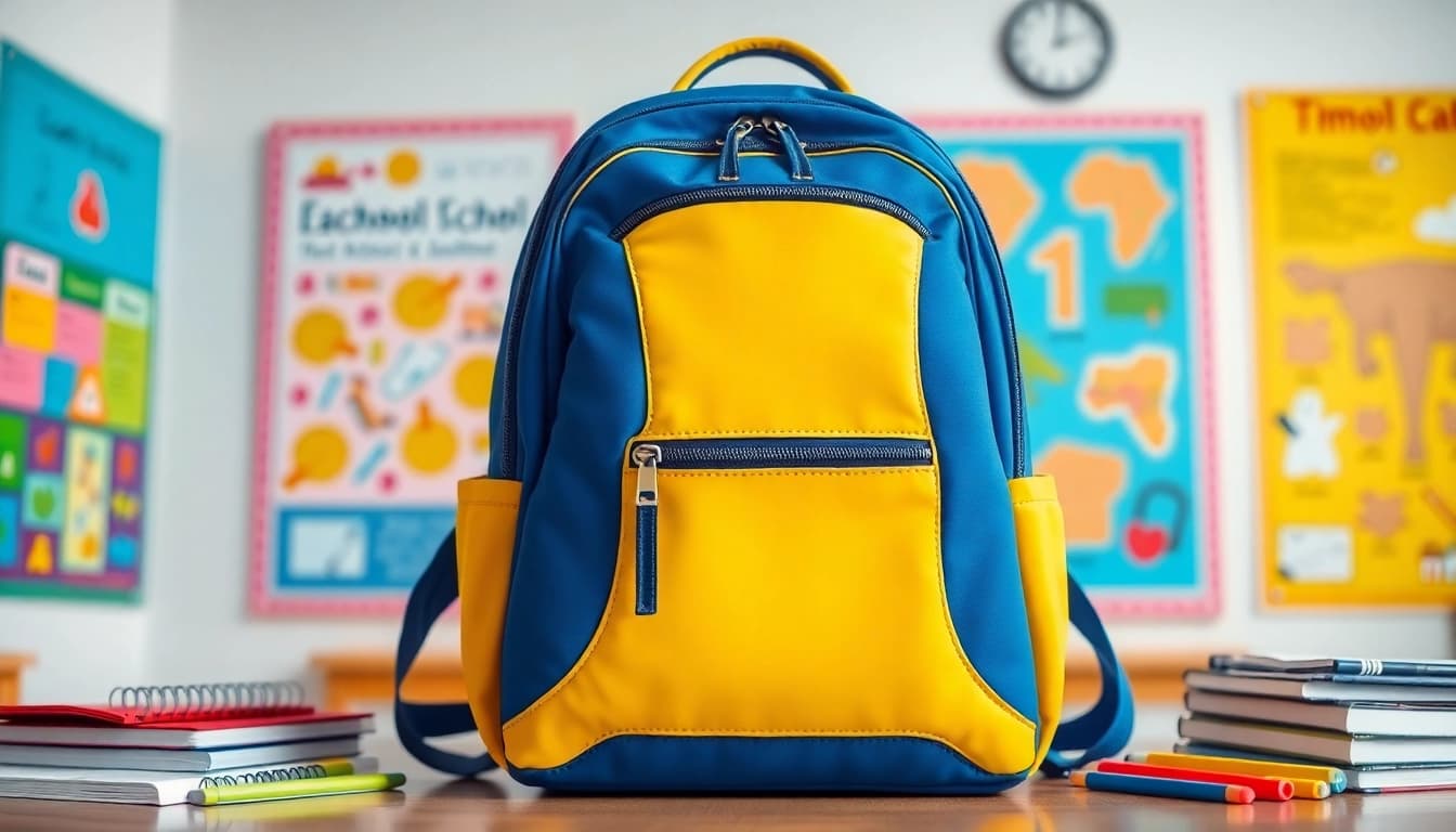 Handtasche für Schulen in einem bunten Klassenzimmer mit Schulmaterialien.
