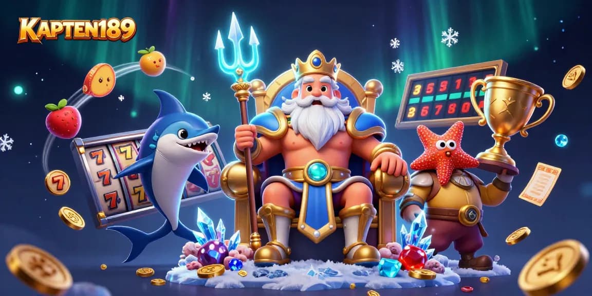 KAPTEN189 menampilkan ilustrasi 3D kasino dengan karakter Raja Laut dan elemen permainan slot.