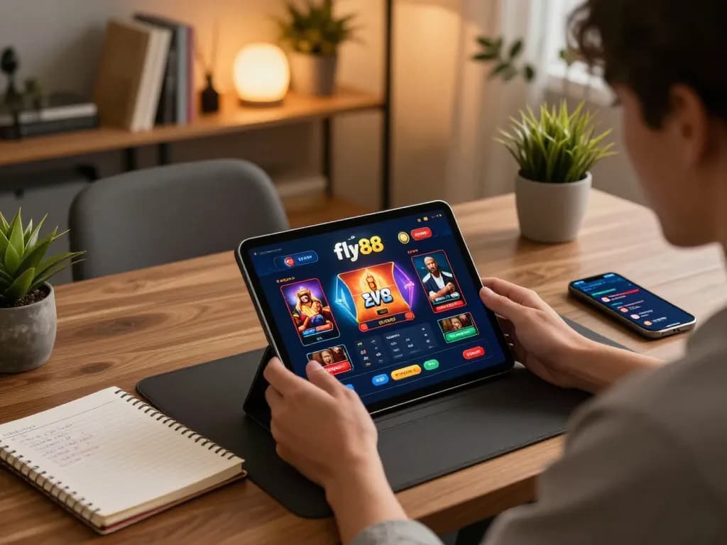 Engaging with fly88 online casino on a tablet in a cozy home office setting.