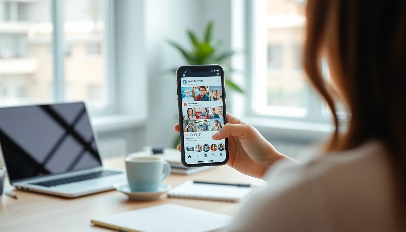 Engaging user interface of Instapro app on a smartphone in a modern workspace.