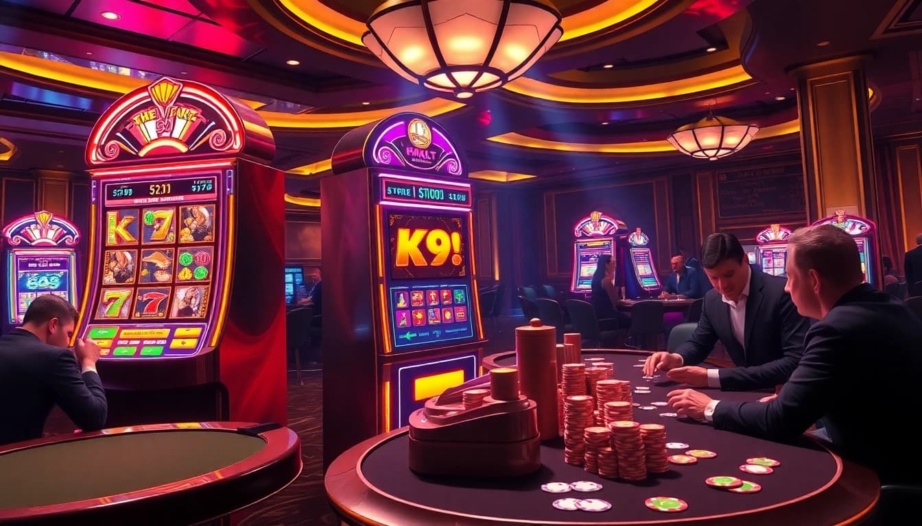 Experience the thrill of the k9k9 game at a luxurious casino with vibrant slot machines and poker tables.