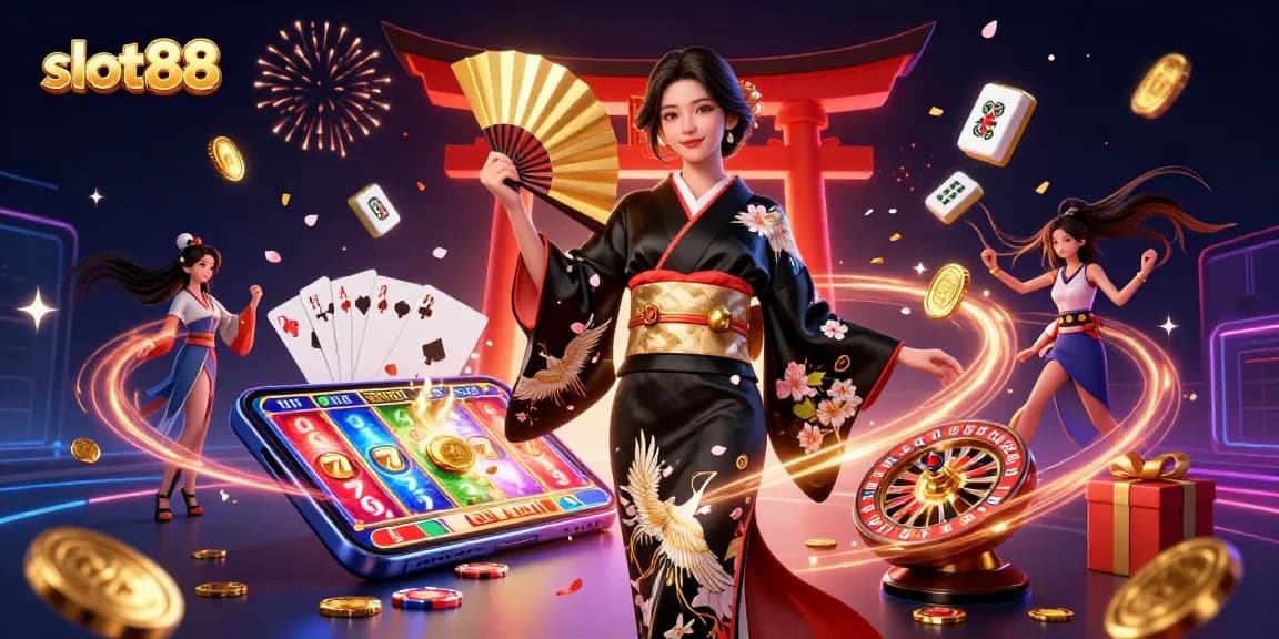 Engage with slot88's vibrant slot games, featuring a beautiful Asian woman celebrating with falling coins, playing cards, and festive elements.
