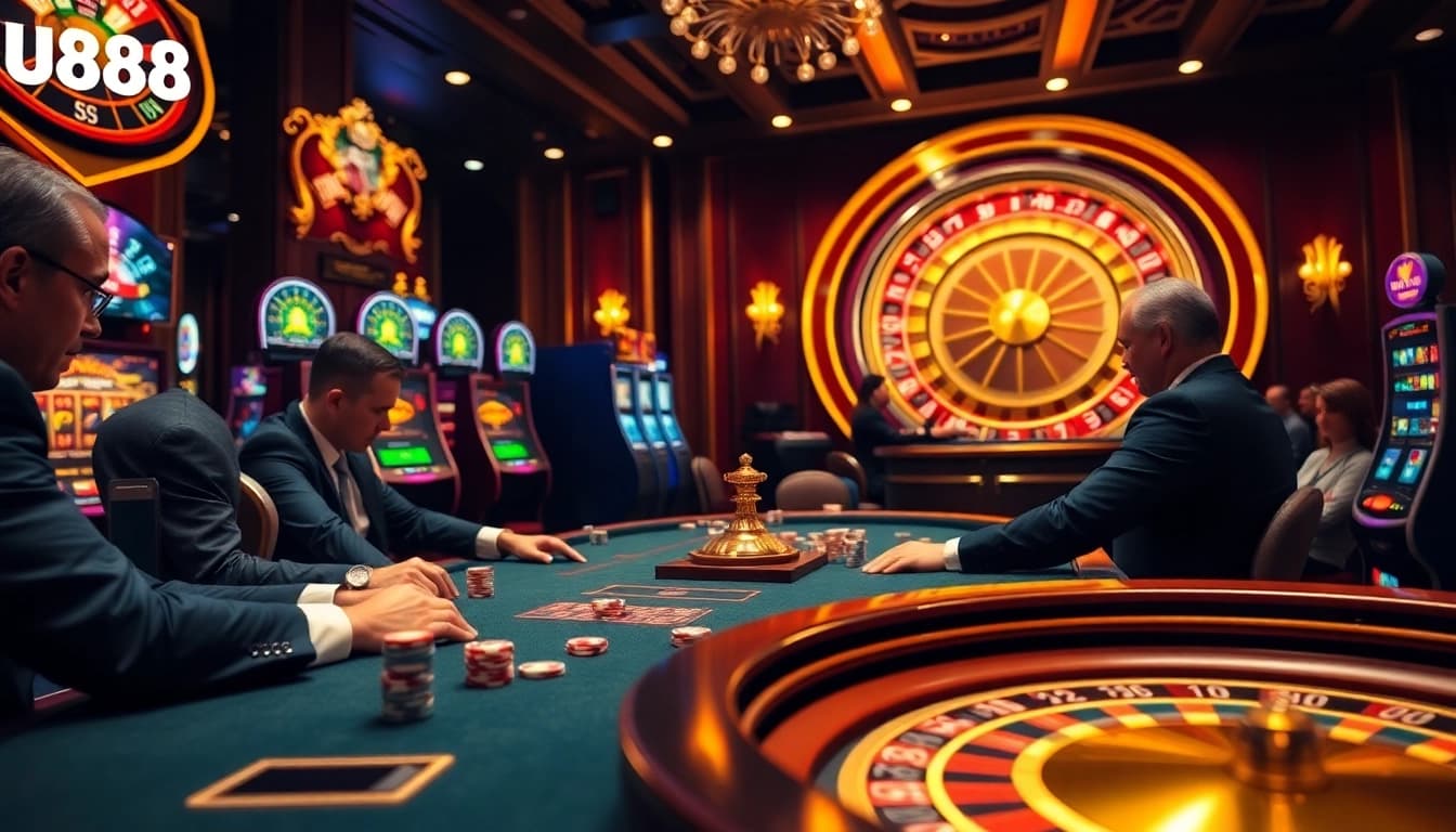 Experience the thrill at U888's luxurious casino, featuring vibrant slot machines and a high-stakes poker table.