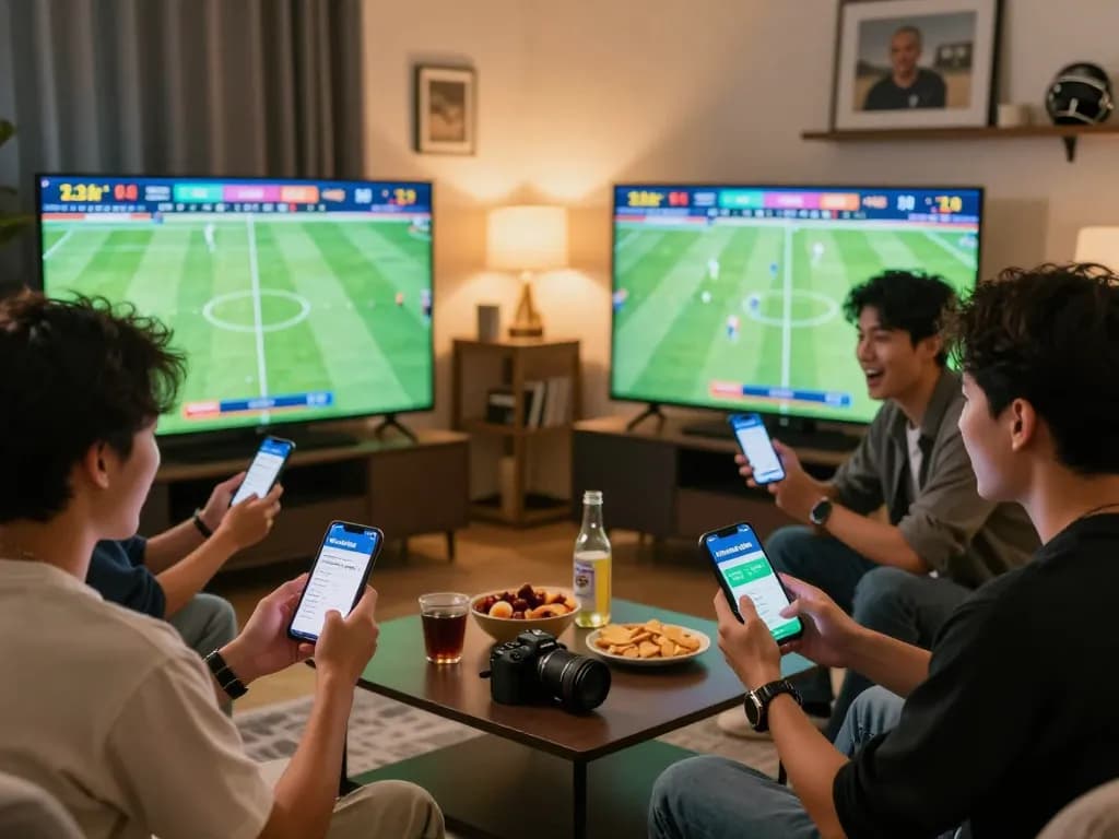 Cheering friends using the tylekeonhacai88 betting app for live football match, enjoying a friendly sports betting atmosphere.