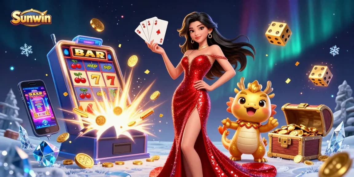 Experience thrilling gameplay at Sunwin with a vibrant 3D illustration showcasing rich casino elements.