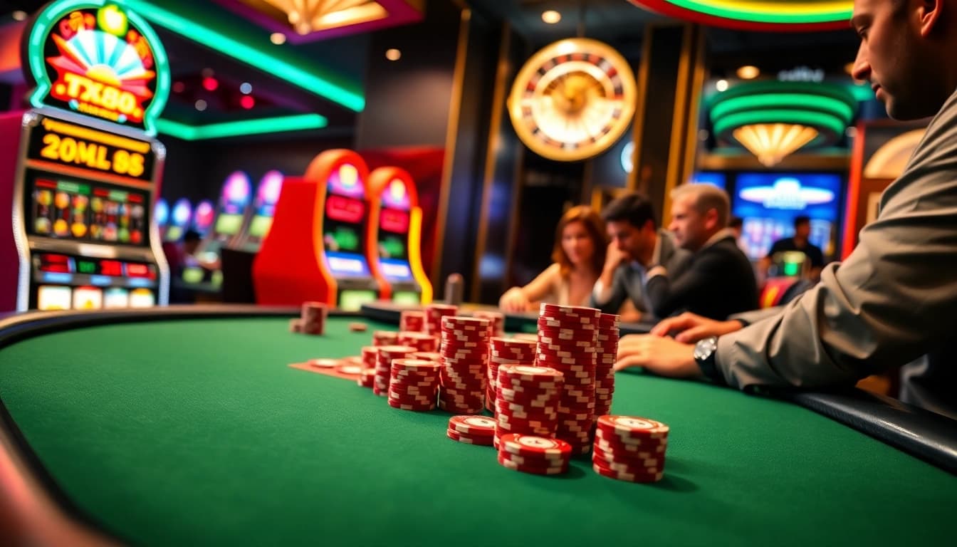 TX88 casino scene featuring poker players and vibrant slot machines, highlight of gambling excitement.