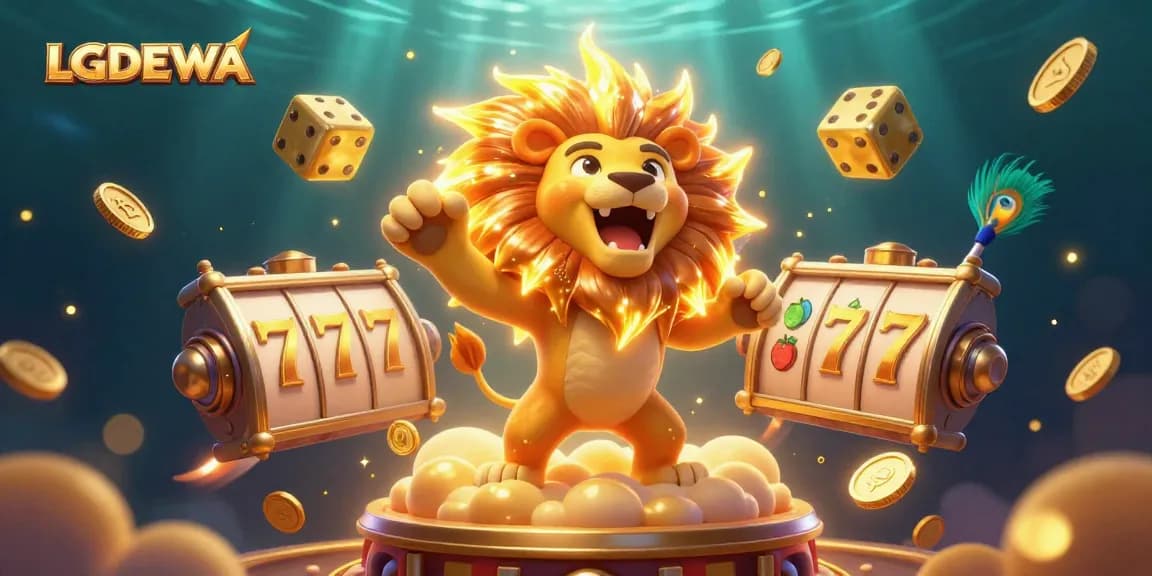Engage with LGODEWA's slot theme featuring a roaring lion and dynamic casino elements.