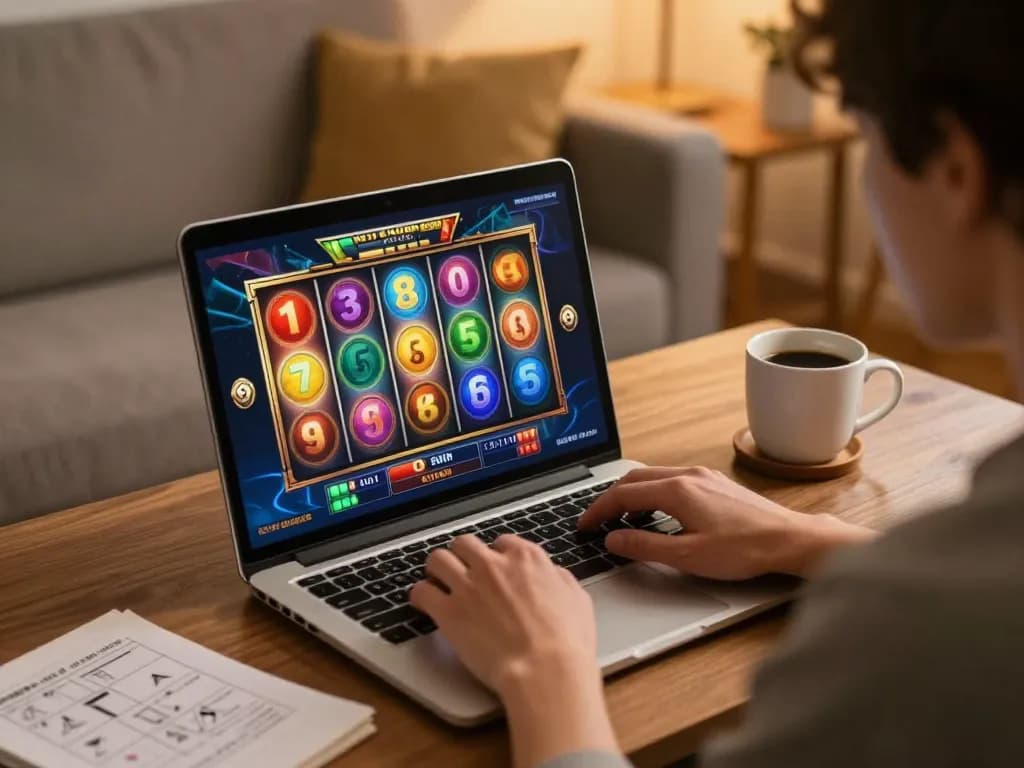 Player enjoying a slot game on laptop in a cozy home environment.