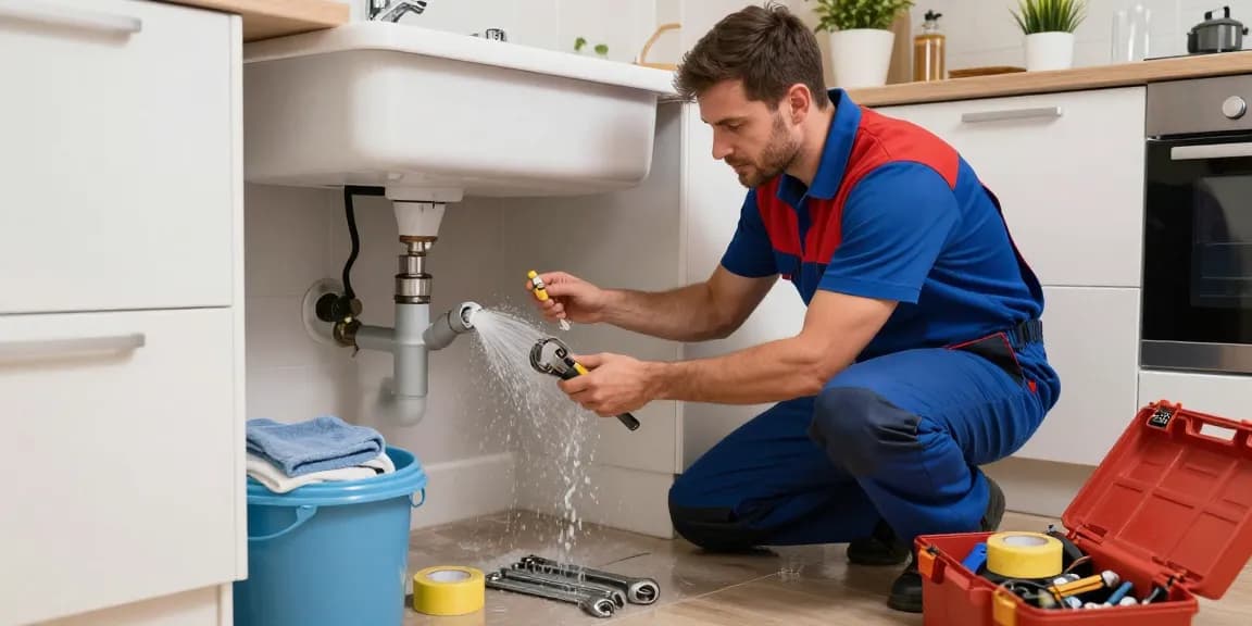 Emergency plumber in Rushden fixing a burst pipe in a residential kitchen during a plumbing crisis.