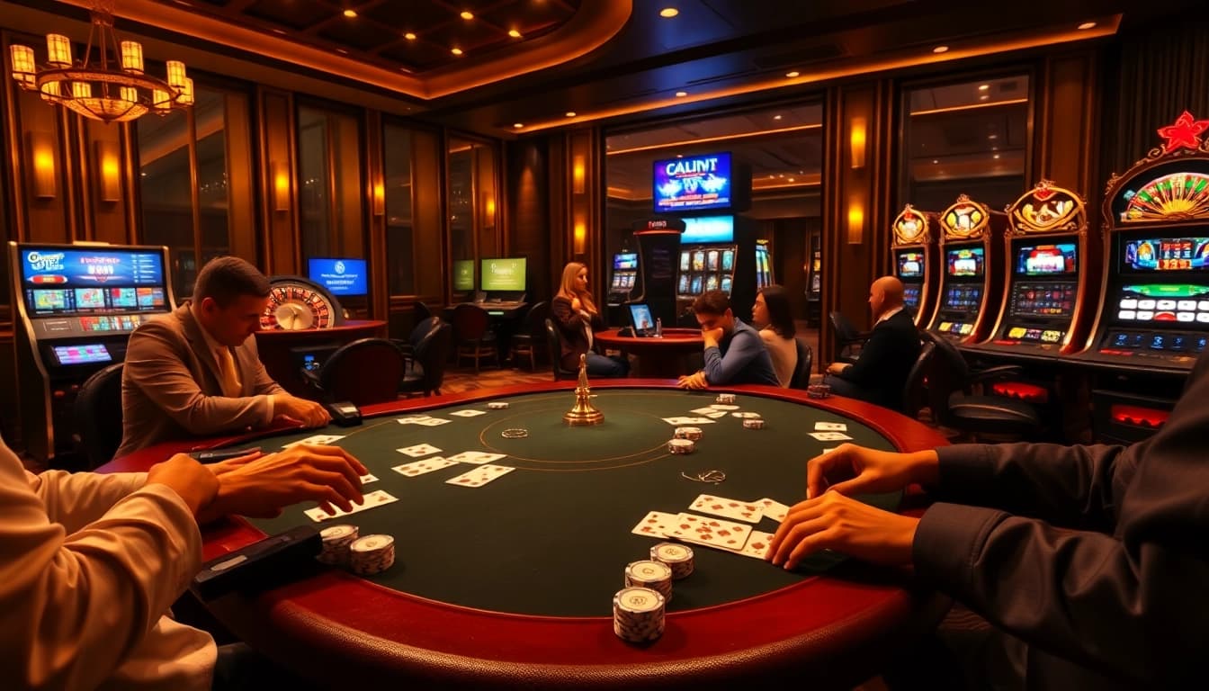 Engaging casino atmosphere showcasing strategic gameplay at trang chủ uu88 with poker and slot machines.