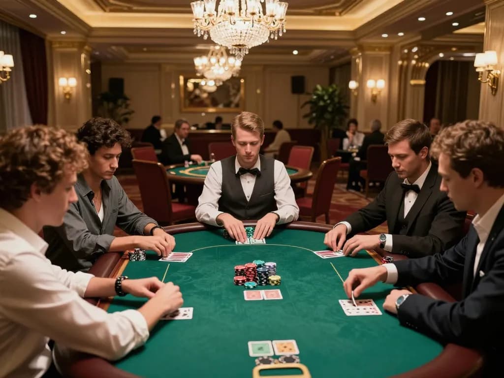 TG 88 strategizing during a high-stakes poker game at an upscale casino, showcasing intense player focus and luxurious decor.