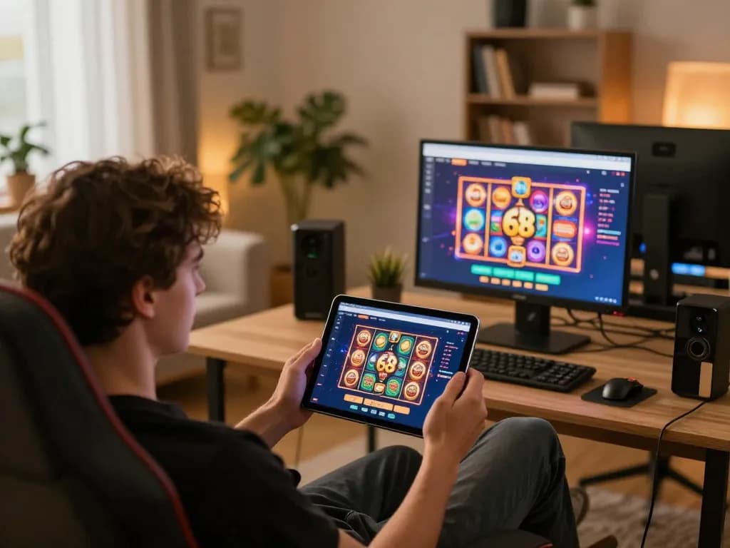 Engaging in thrilling slot games tại iwin 68 on a tablet in a cozy home setup