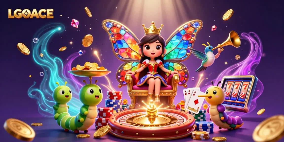 LGOACE engages players with a vibrant 3D scene of a butterfly queen amidst casino elements, showcasing excitement and winning potential.