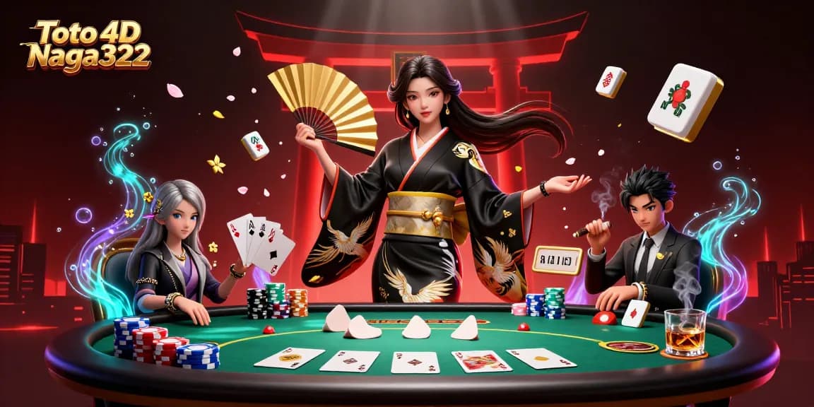 Toto 4D Naga322 showcases a vibrant, lively gambling scene with an elegant host, poker elements, and festive decorations.