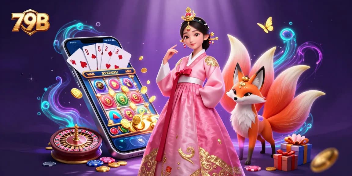 79B interactive casino scene with a graceful Asian woman, lucky fox, and colorful slot games.
