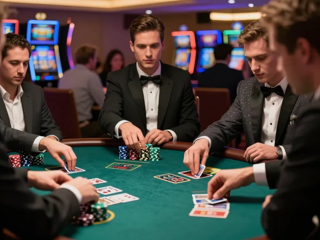 Players strategizing in an intense blackjack game at Red88 casino table, capturing excitement and competition.