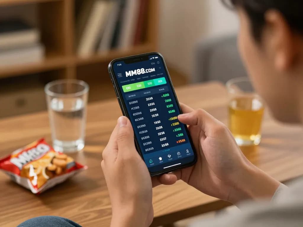 Person placing bets on MM88.COM using smartphone in a cozy home setting.