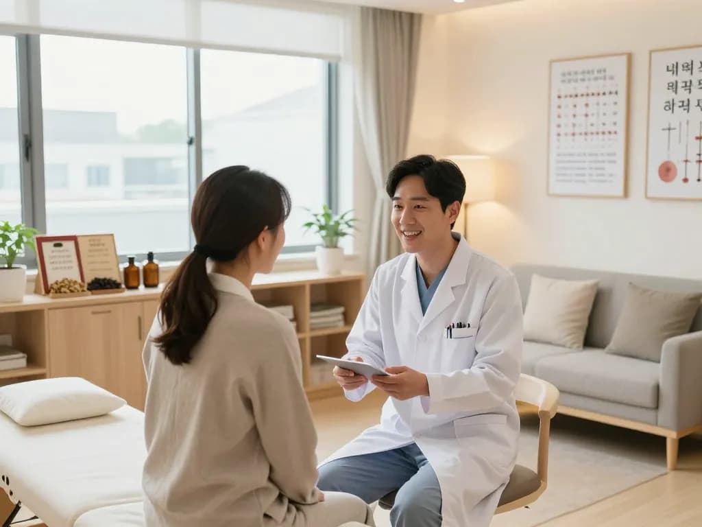 Patient consultation at 수원한의원 with a practitioner explaining treatment options in a warm, inviting setting.
