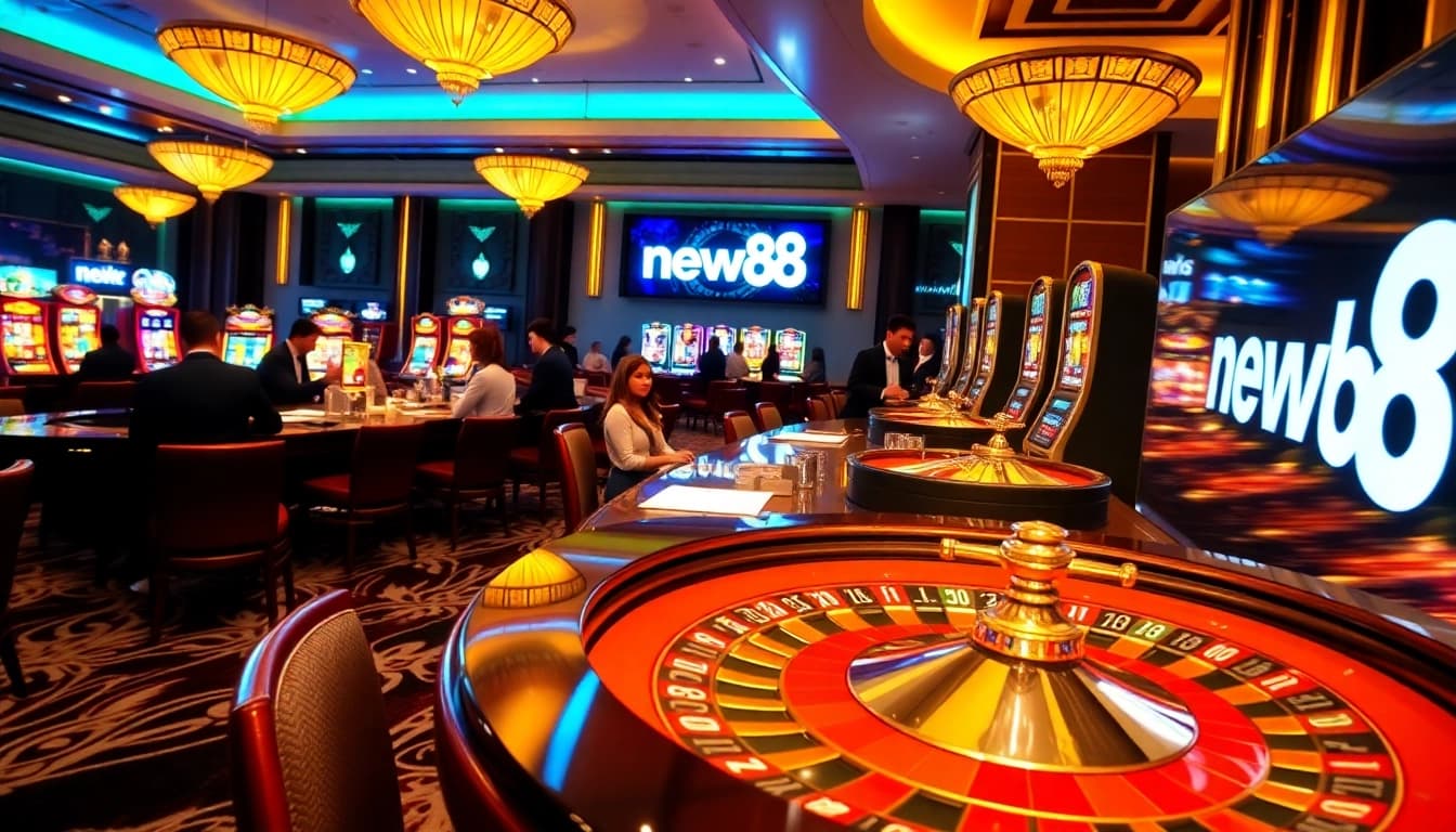 Experience the thrill of gaming at new88 online casino with vibrant slot machines and poker tables.
