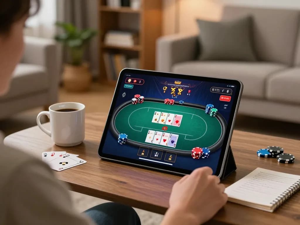 Join the thrilling online poker scene with Jun88, showcasing an exciting game on a tablet in a cozy setting.