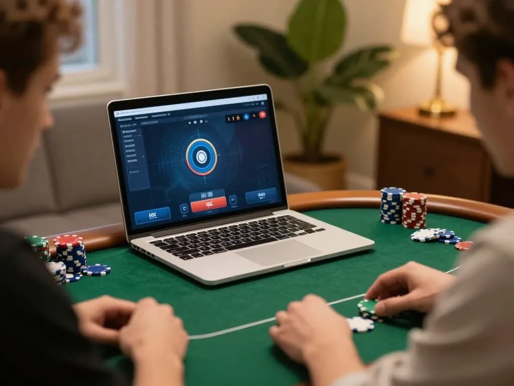 88i player strategizing during online poker session at home with laptop and chips