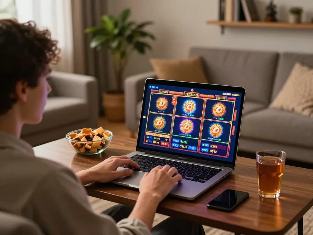 Player engaging with slot games at home, showcasing an inviting online casino setup