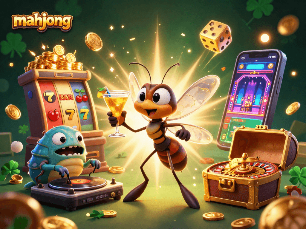 Experience thrilling mahjong action with a vibrant, dynamic casino scene featuring unique characters and game elements.