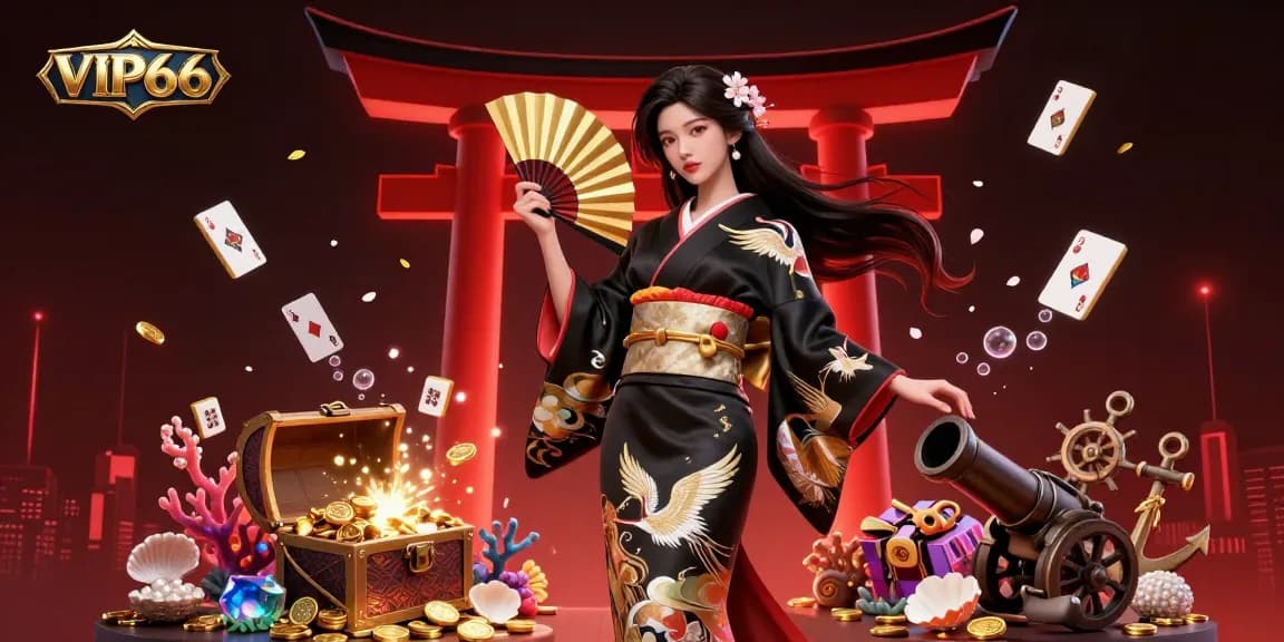 Spin to win at VIP66 with vibrant casino elements and an elegant Asian woman in a kimono.