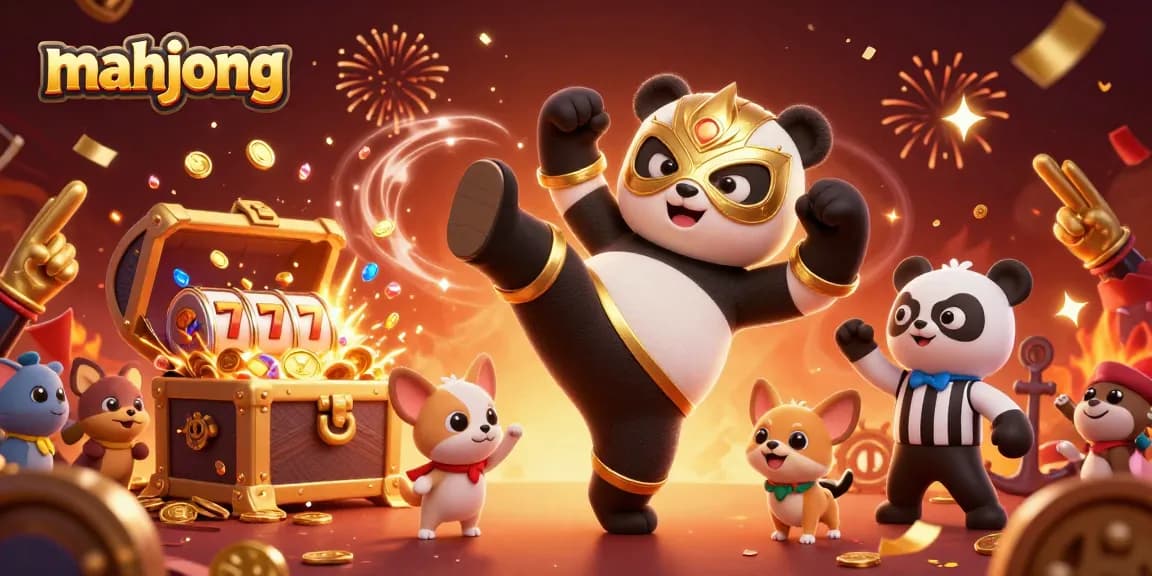 Experience thrilling mahjong gaming with panda wrestler and vibrant casino elements.