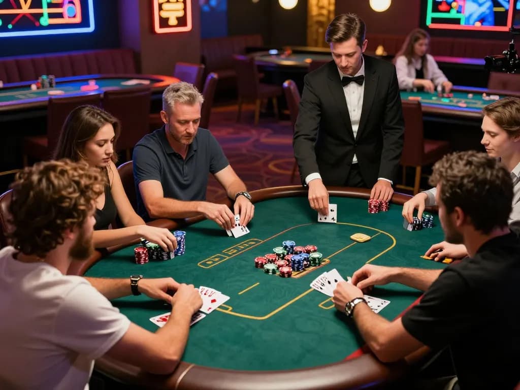 kp88 players engaged in an exciting poker game at a vibrant casino table, showcasing strategy and competition.