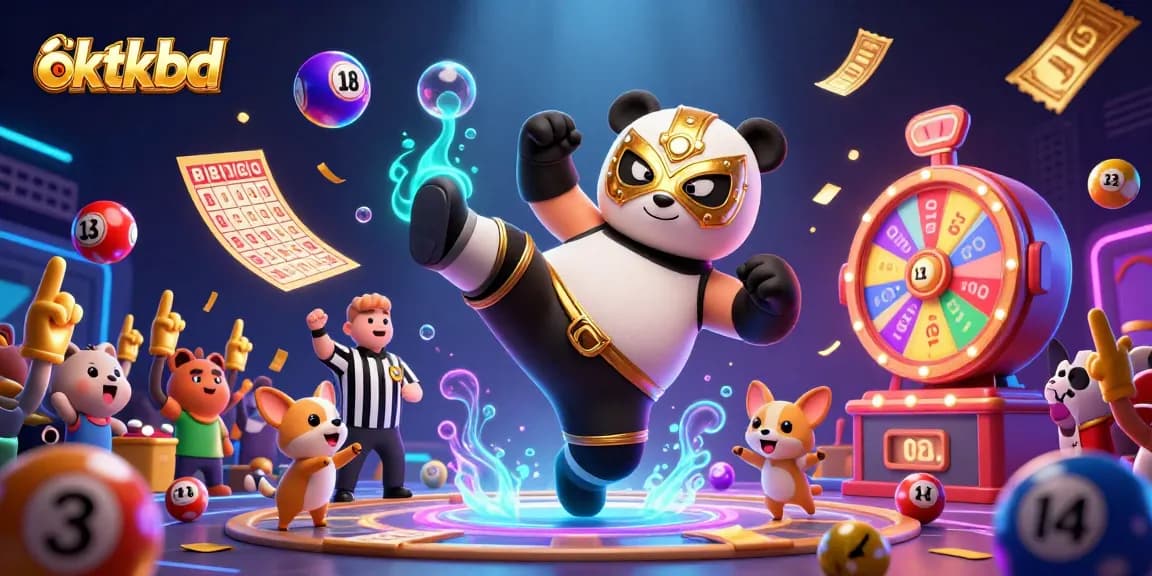 Engage in thrilling gameplay with oktkbd as a 3D panda wrestler takes flight in a vibrant casino scene.