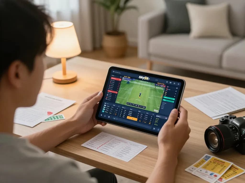 Person placing bets on Sky88 sports app in a cozy home gaming setup.