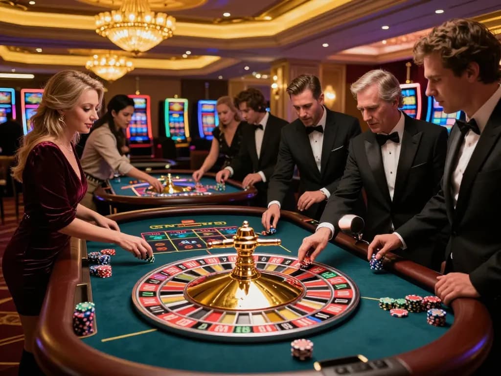 Sunwin players engage intensely at a roulette table with vibrant lighting and elegant decor.