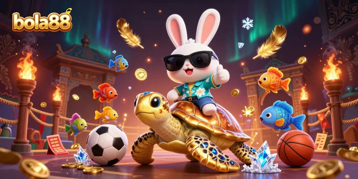 Experience thrilling sports betting with bola88 featuring a lucky rabbit and golden turtle illustration.