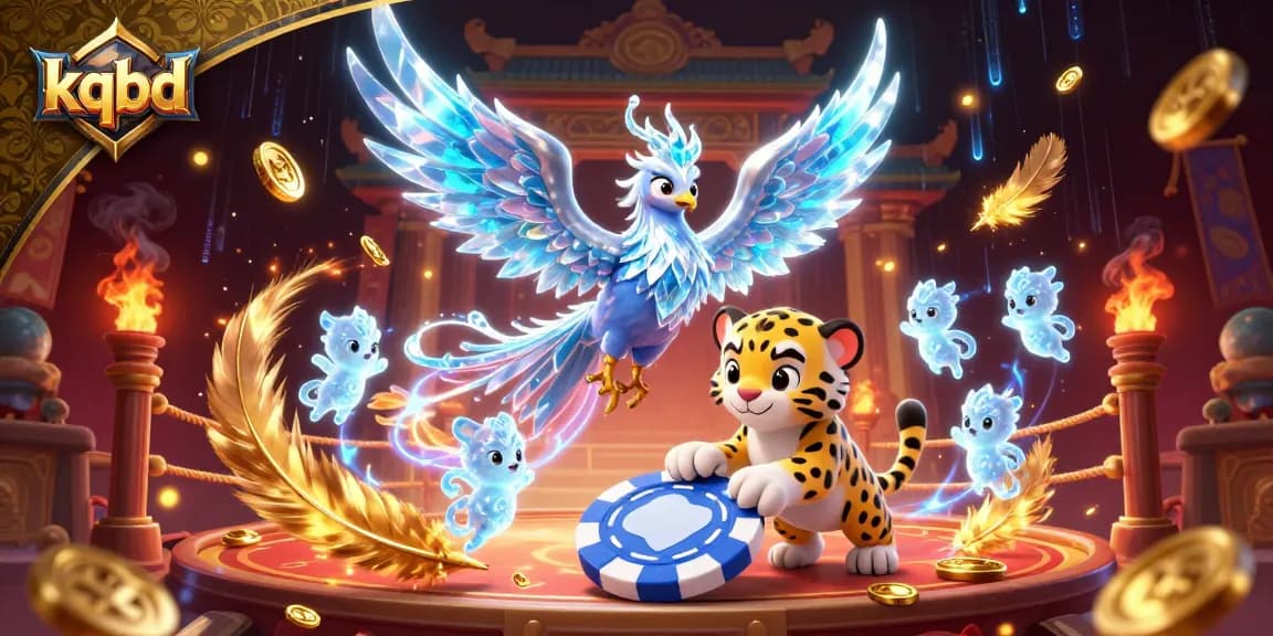 Experience the thrilling action of kqbd with an ice phoenix and a snow leopard cub amidst a vibrant casino scene.