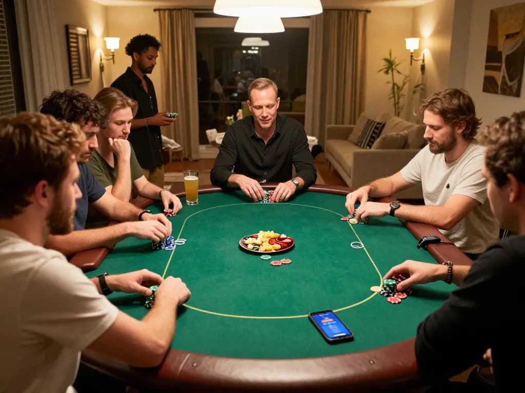 Engaged players enjoying a home poker game while using the lv88 app for betting options.