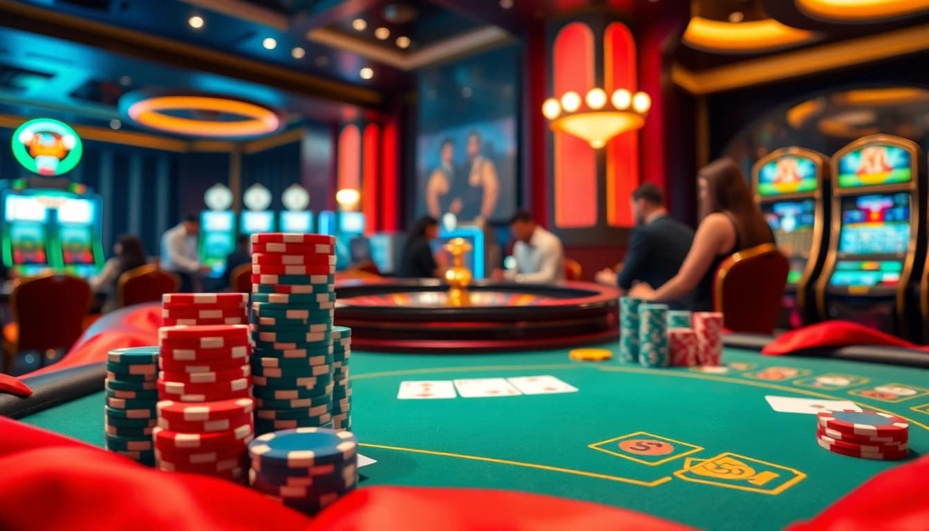 Experience the thrilling atmosphere at a luxurious casino table, highlighting https://www.6rwin5.com/ with poker chips and playing cards.