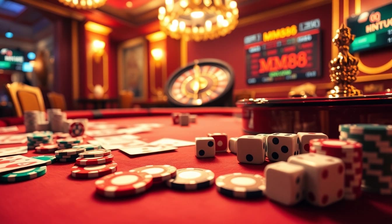Experience thrilling casino action with MM88, featuring poker chips, cards, and a roulette wheel.