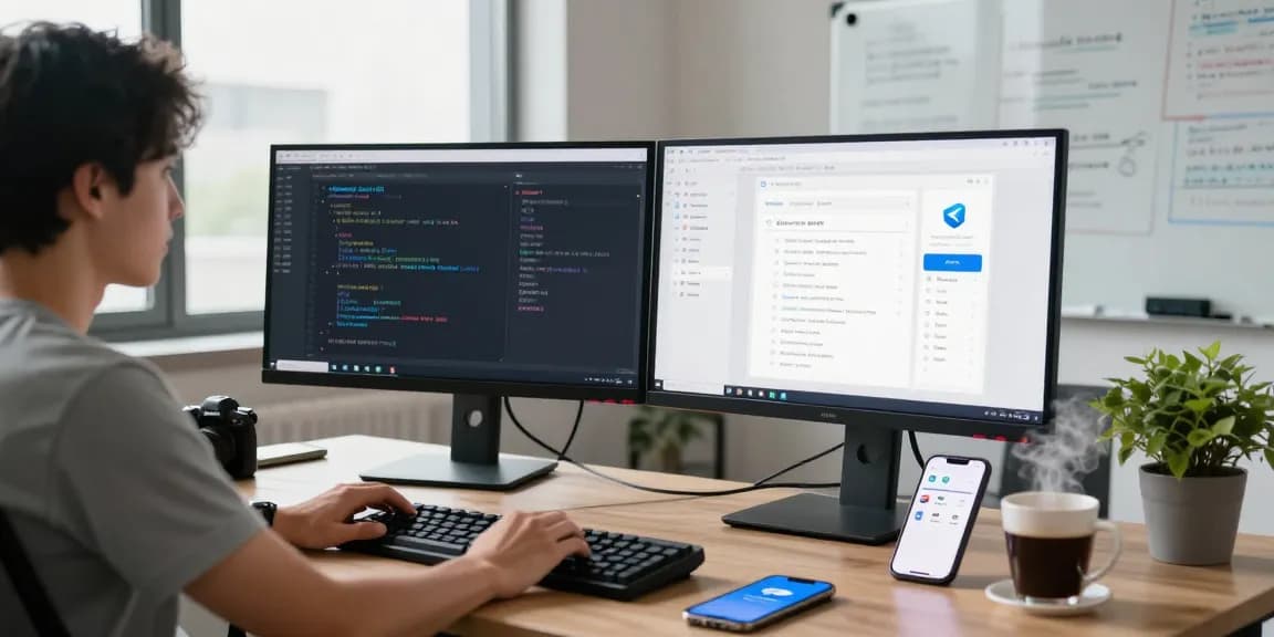 Developer coding the Telegram Chinese version APK in a modern workspace, focusing on tech innovation.