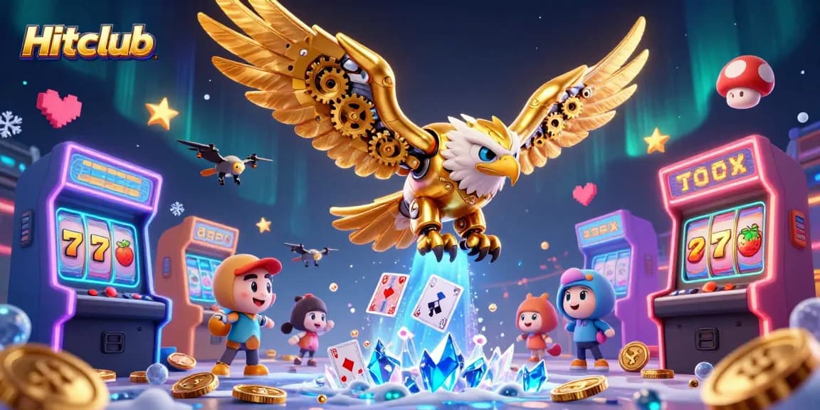 Experience the thrill of Hitclub, where cybernetic eagles dive through a vibrant casino landscape.