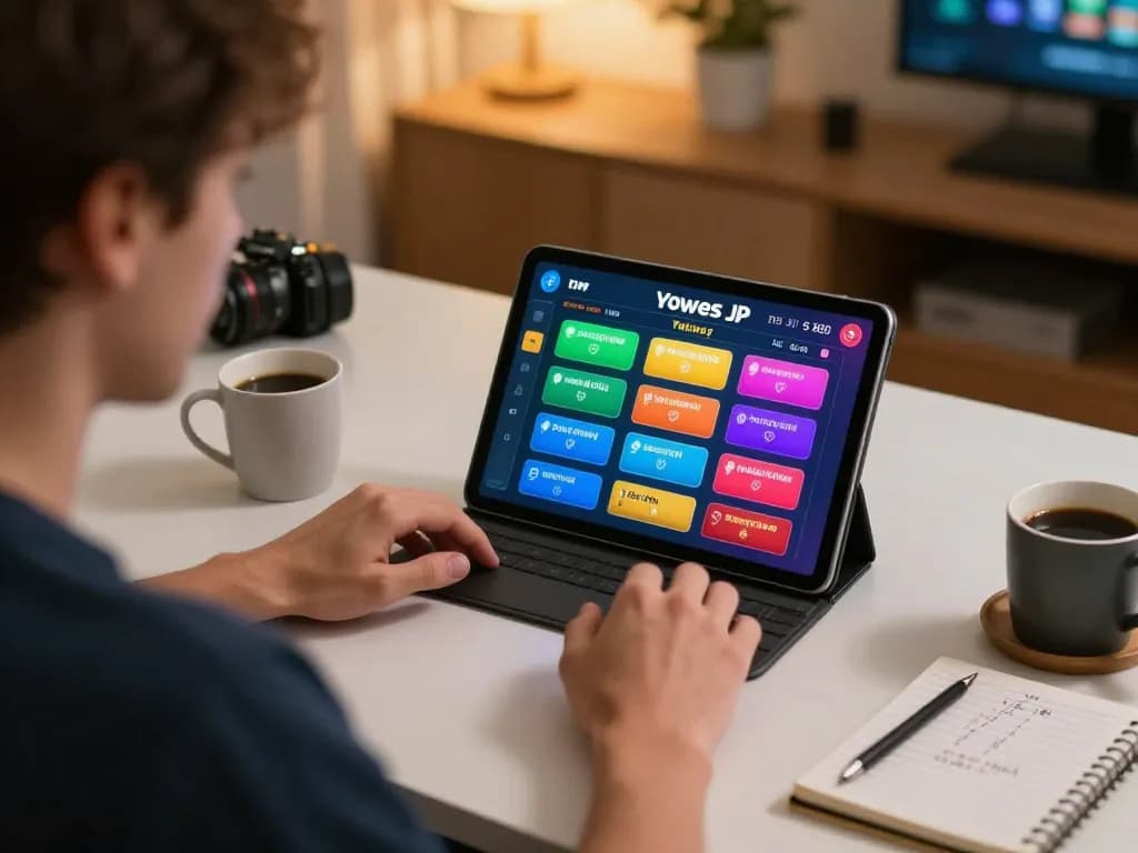 Engaged player using yowes jp platform on tablet at home, showcasing strategic gameplay