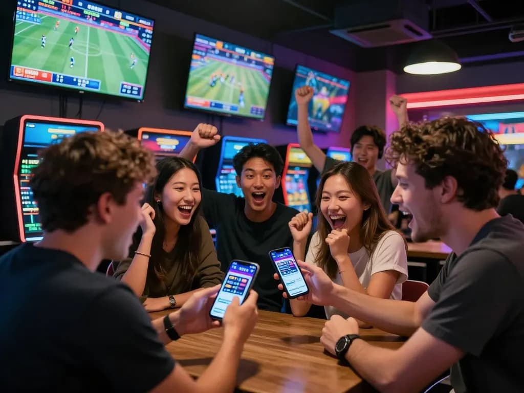 Friends strategizing sports bets using the 92slot app, lively atmosphere.