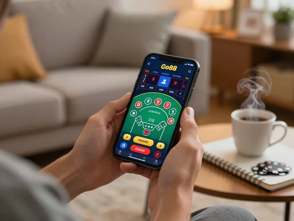 Engaging with the Go88 mobile app for live blackjack gameplay, showcasing strategic betting in a cozy home setting.