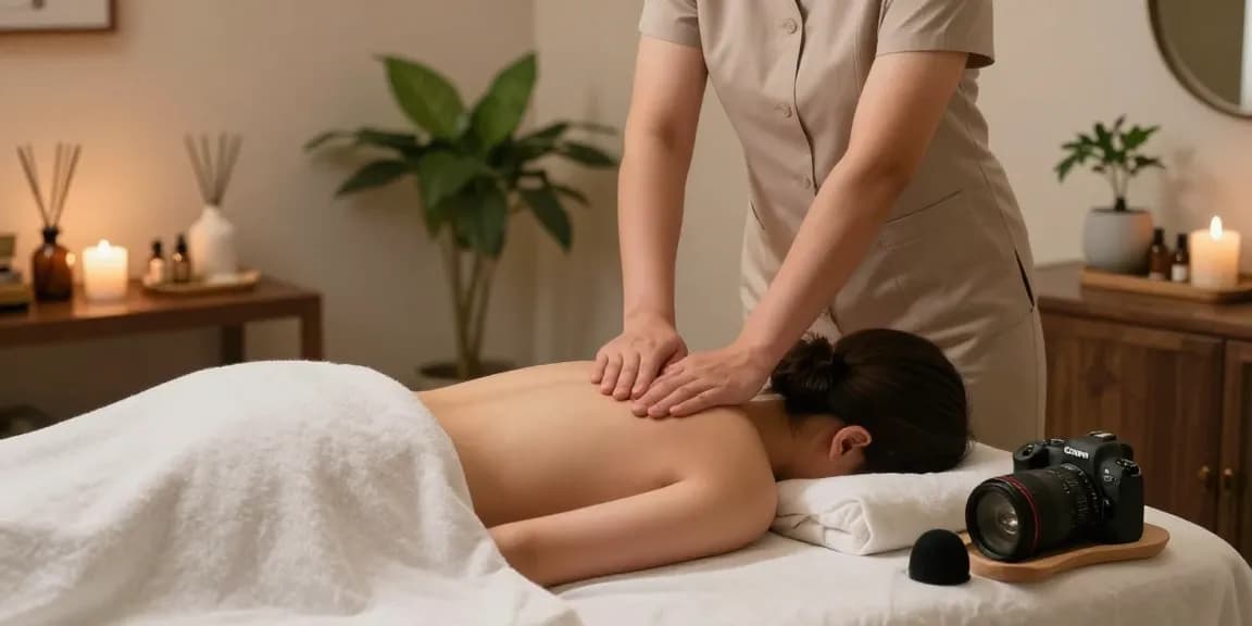 Massage therapist providing a soothing 마사지 session in a serene studio environment.